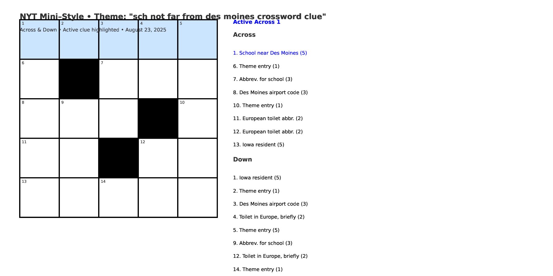 sch not far from des moines crossword clue