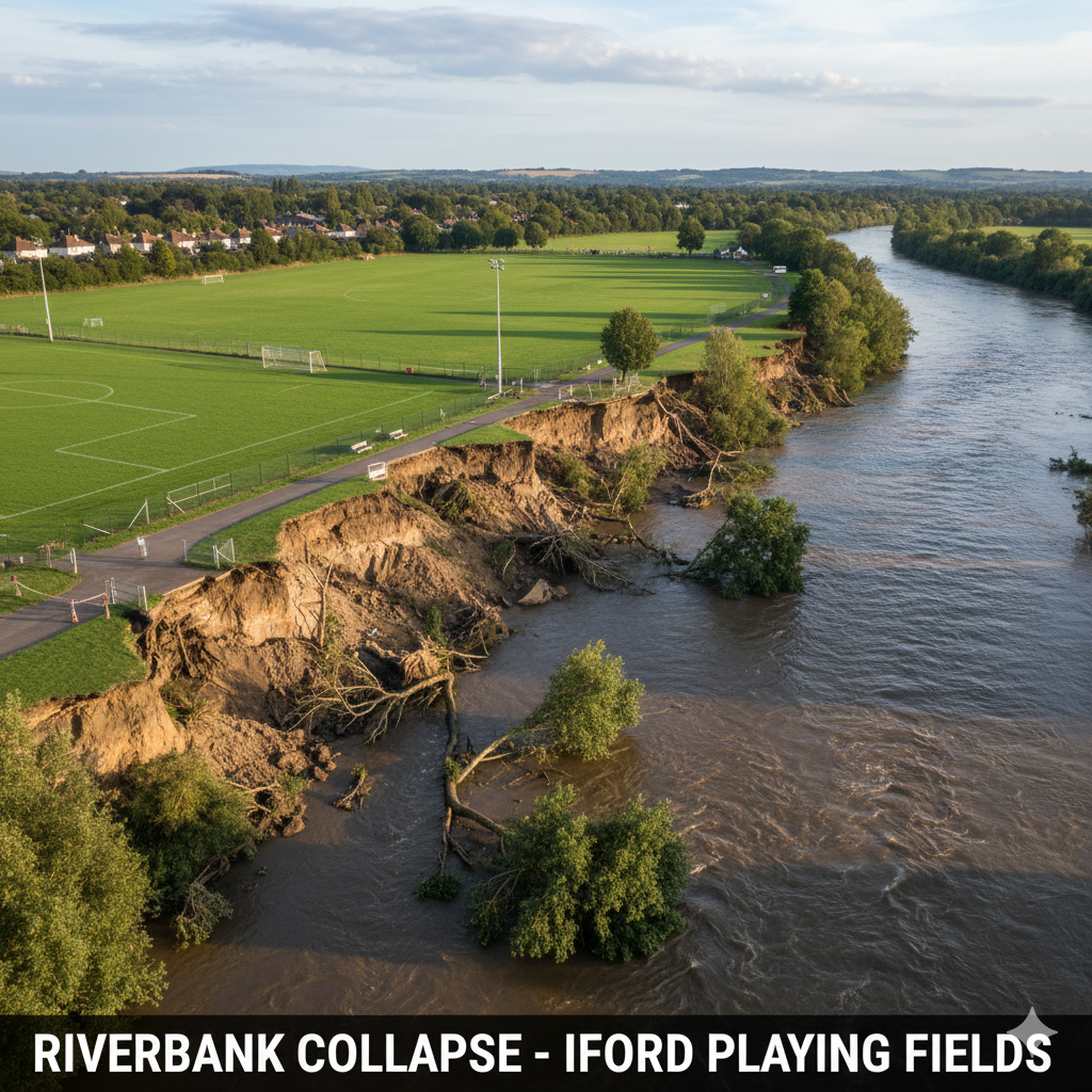 riverbank collapse iford playing fields