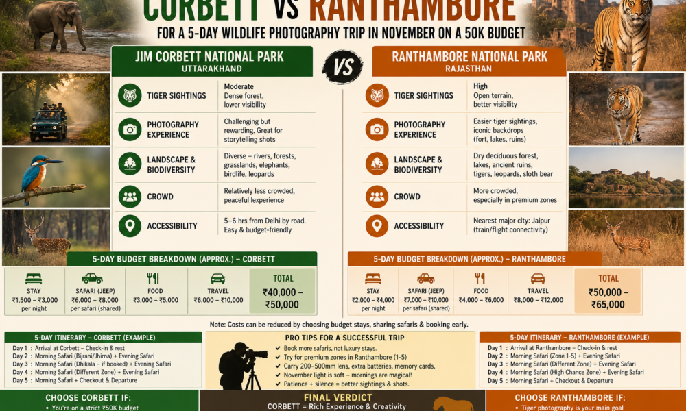 compare corbett and ranthambore for a 5 day wildlife photography trip in november on a 50k budget