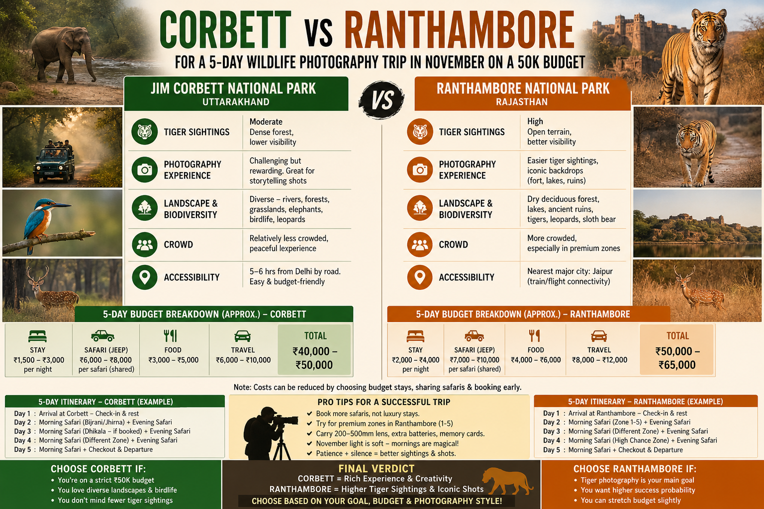 compare corbett and ranthambore for a 5 day wildlife photography trip in november on a 50k budget